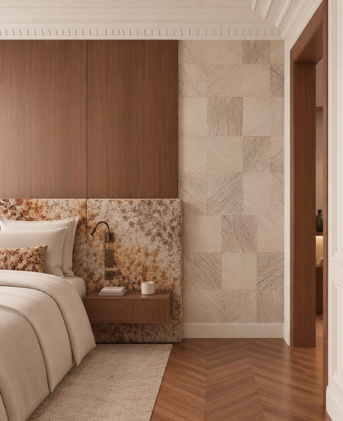 Chambre avec tête de lit textile et bois teinté, projet Bon Marché