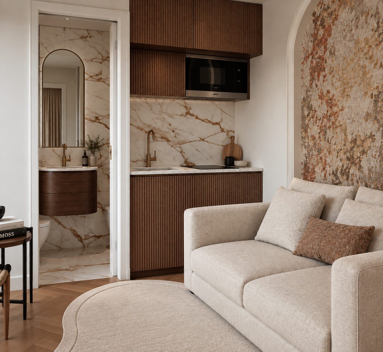 Salon et kitchenette en marbre veiné, projet Étienne Marcel