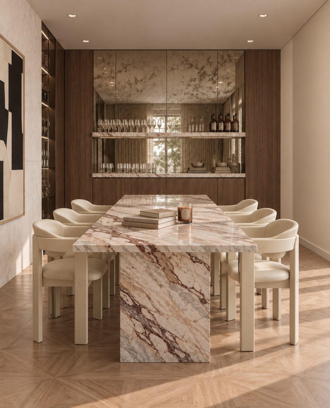 Salle à manger en marbre Calacatta et bar miroir antique, projet Foch