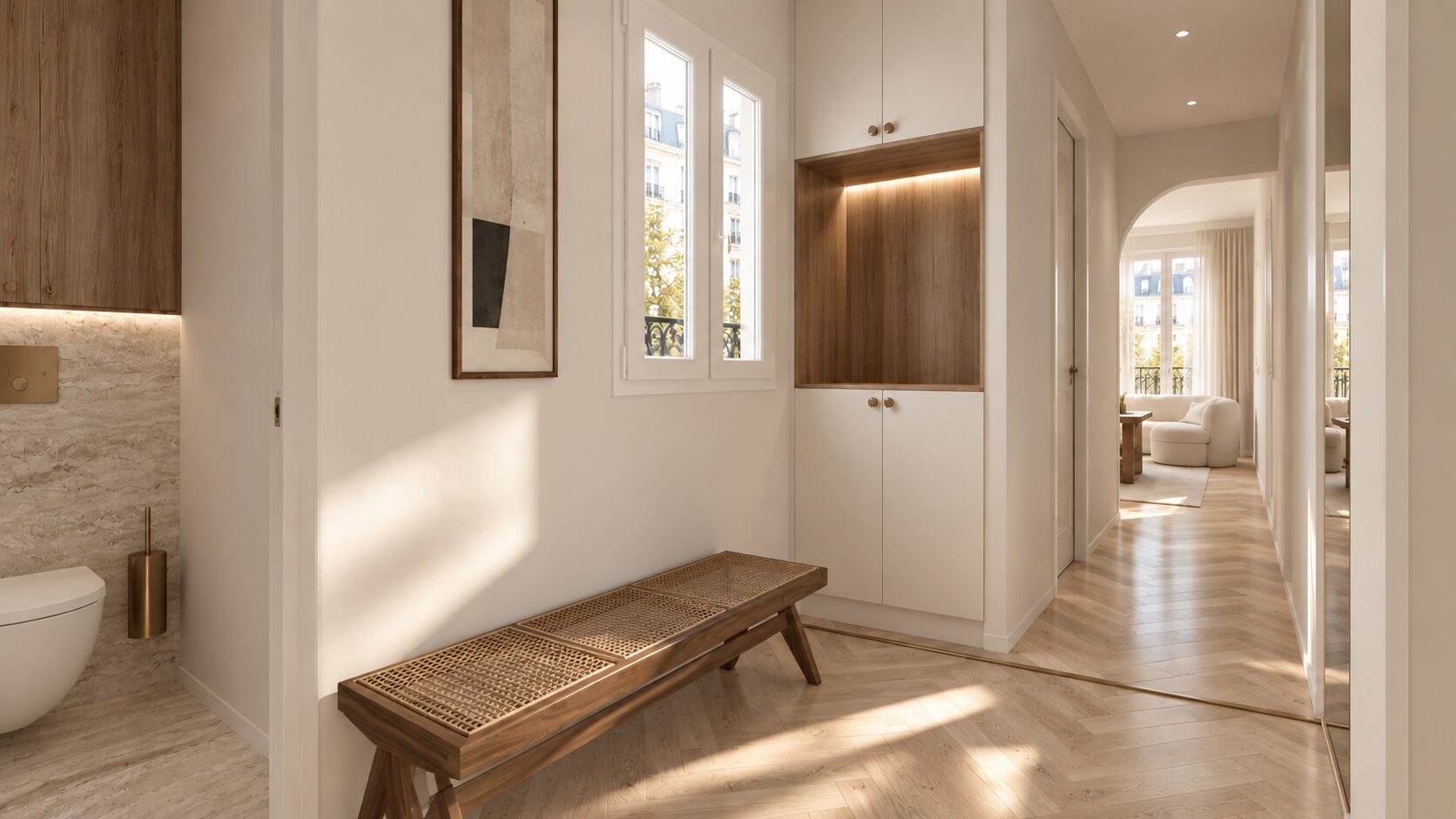 Entrée avec banc en cannage et rangements sur mesure, projet Saint-Honoré