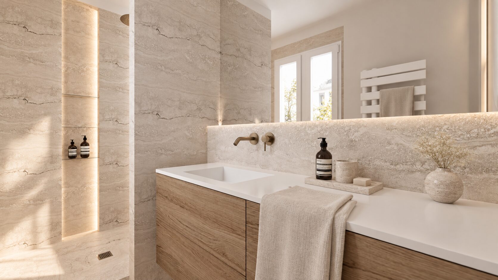 Salle de bain en travertin avec vasque suspendue, projet Saint-Honoré